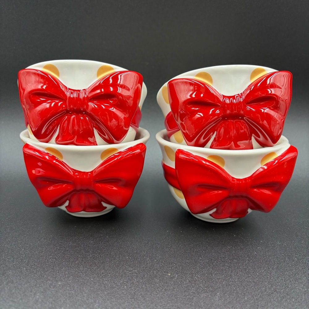 Set of 4 Disney Store Minnie Mouse Gold Polka Dot Red Bow Ceramic Cup No Saucer
